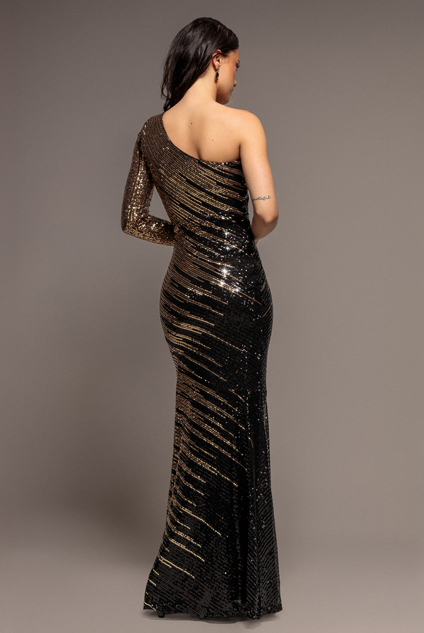 Goddiva One Sleeve Diagonal Sequin Maxi - Gold