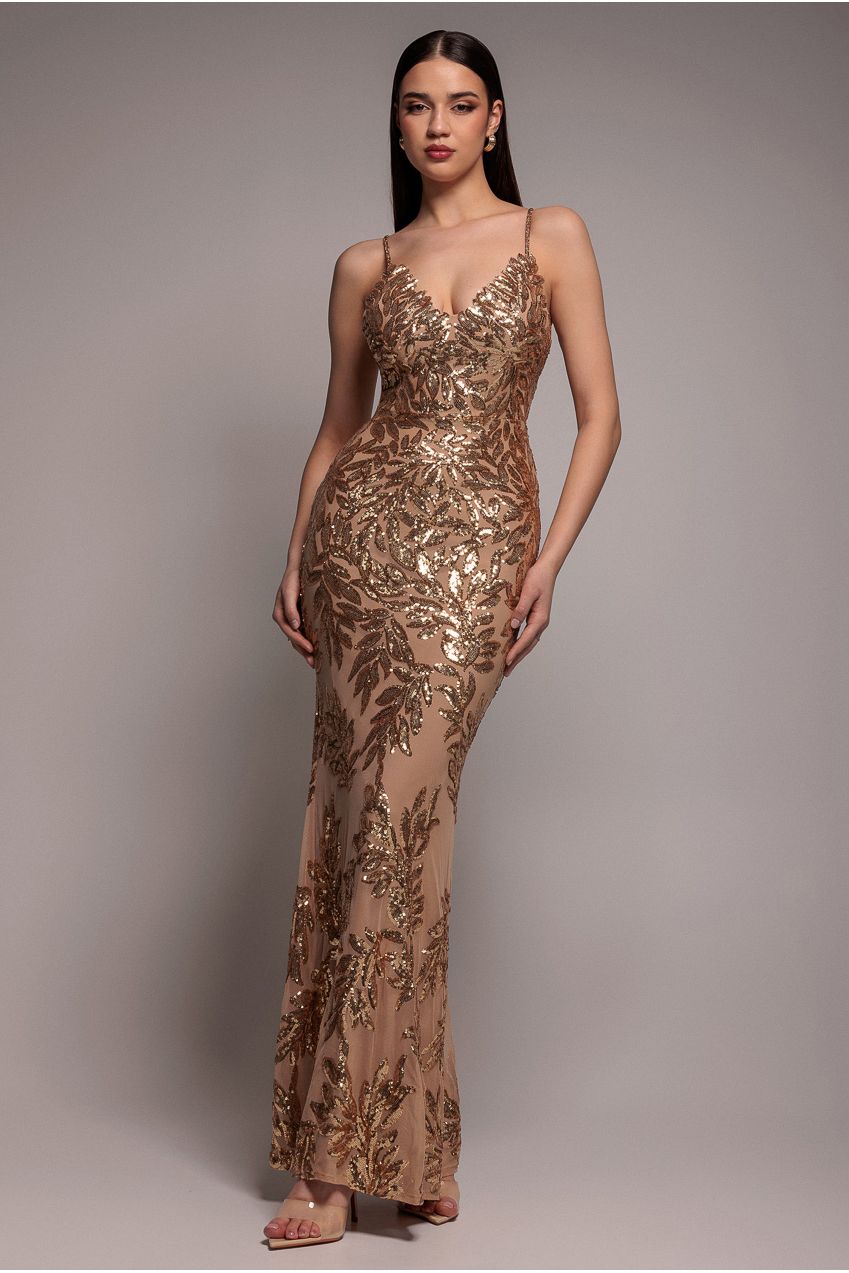 Cross Back Diamante Strap Sequin Maxi - Gold