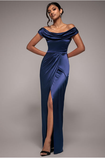 Navy - Goddiva Cowl Bardot Satin Twill Maxi Dress - Navy
