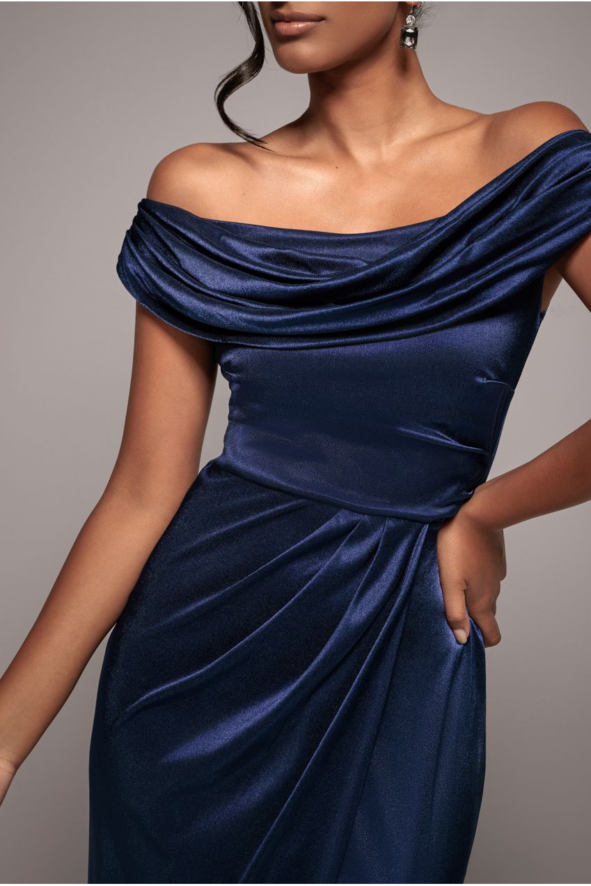 Goddiva Cowl Bardot Satin Twill Maxi Dress - Navy