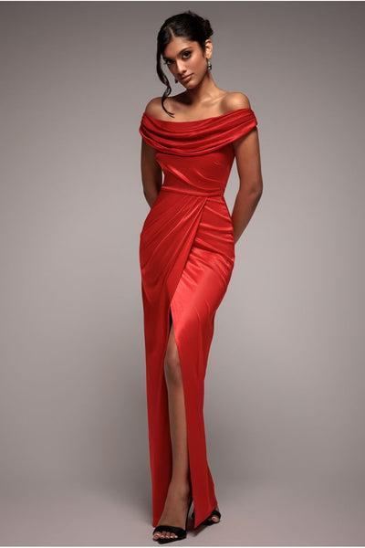 Red - Goddiva Cowl Bardot Satin Twill Maxi Dress - Red