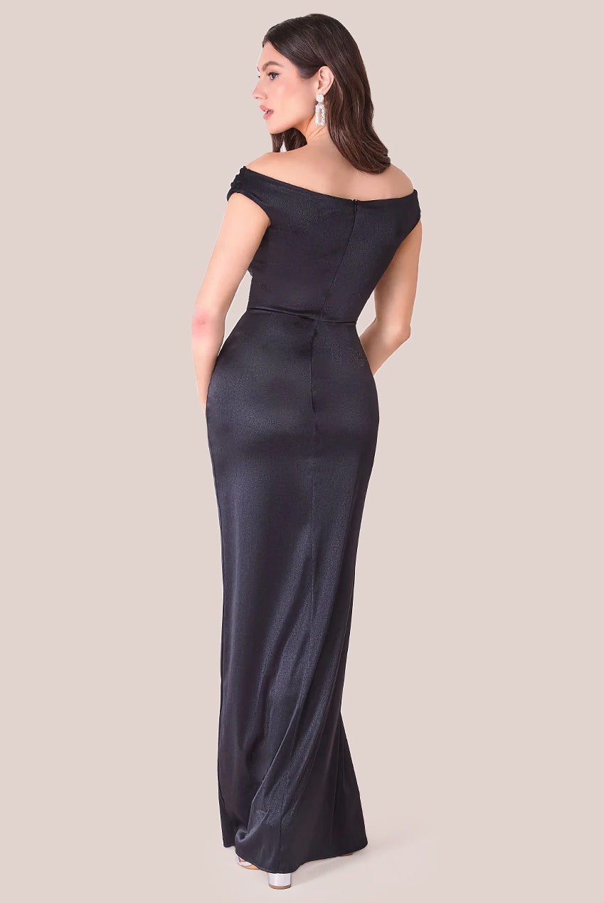 Goddiva Cowl Bardot Satin Twill Maxi Dress - Black