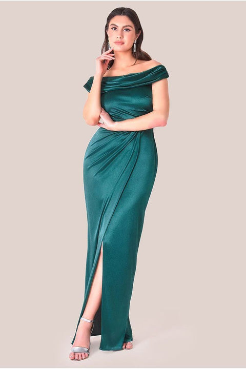 Goddiva Cowl Bardot Satin Twill Maxi Dress - Emerald Green