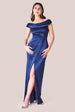 Goddiva Cowl Bardot Satin Twill Maxi Dress - Navy