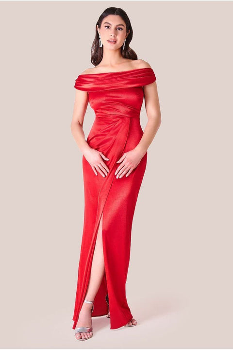 Goddiva Cowl Bardot Satin Twill Maxi Dress - Red