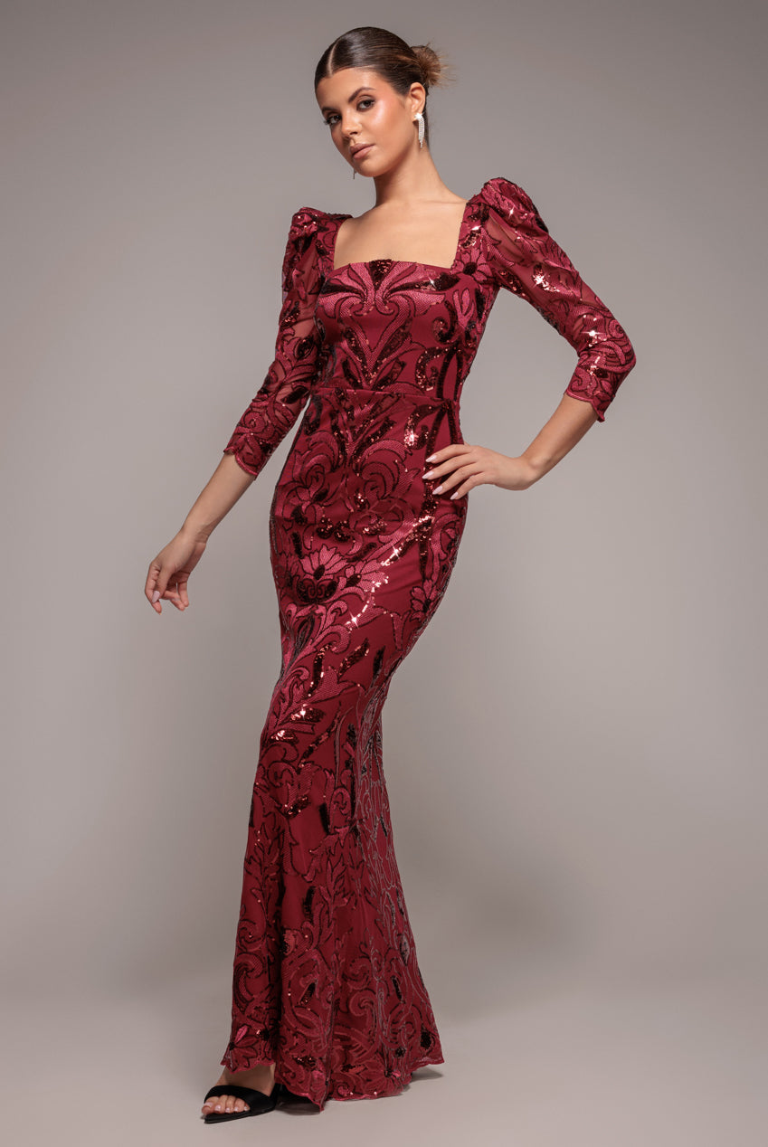Goddiva Square Neck Scalloped Lace Maxi - Wine