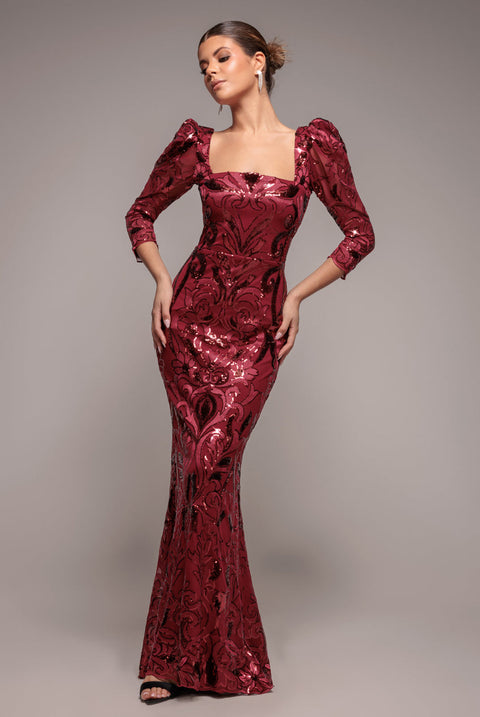 Goddiva Square Neck Scalloped Lace Maxi - Wine