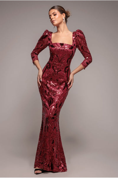 Wine - Goddiva Square Neck Scalloped Lace Maxi - Wine