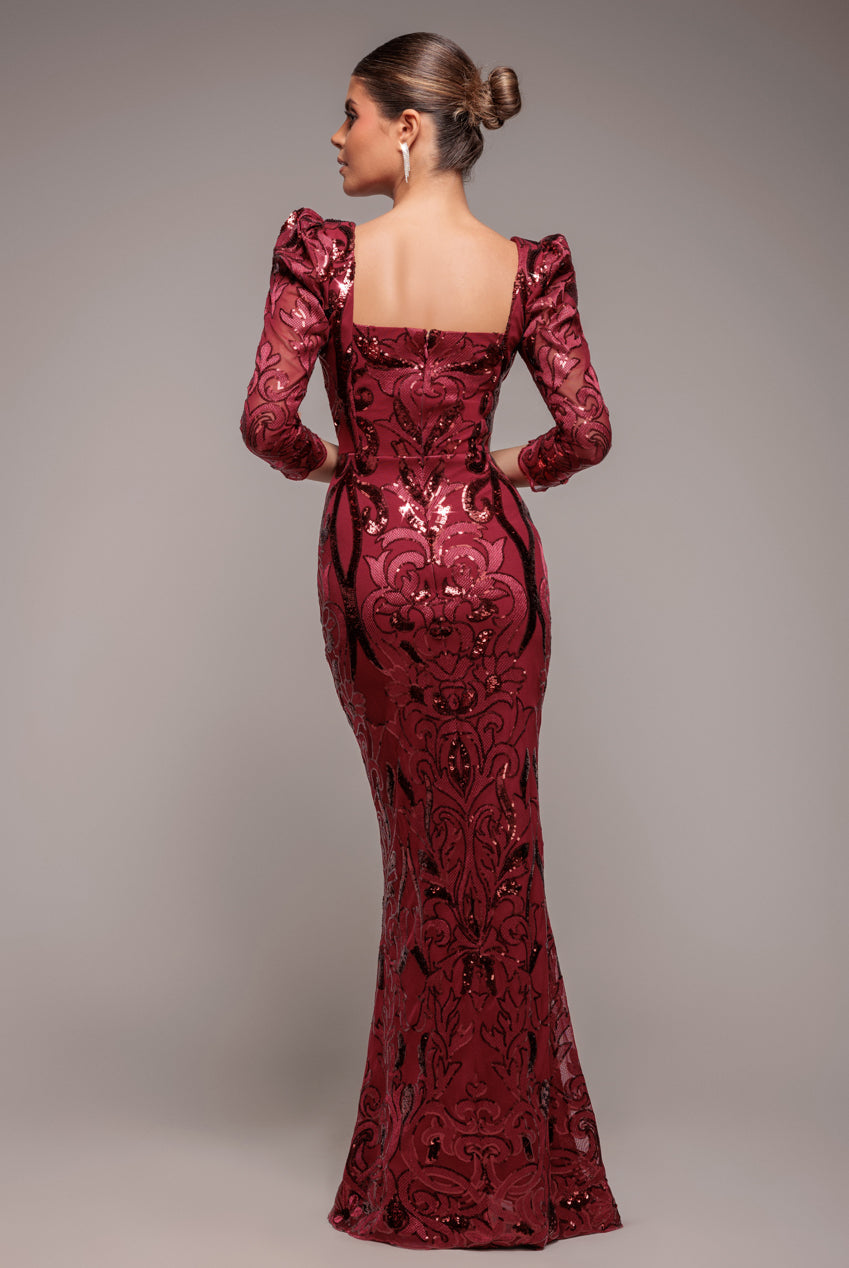 Goddiva Square Neck Scalloped Lace Maxi - Wine