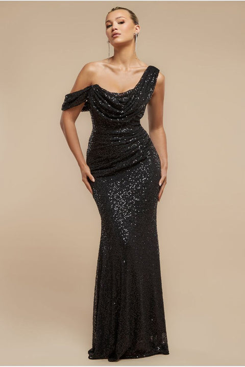 Goddiva Sequin Cowl One Shoulder Maxi Dress - Black