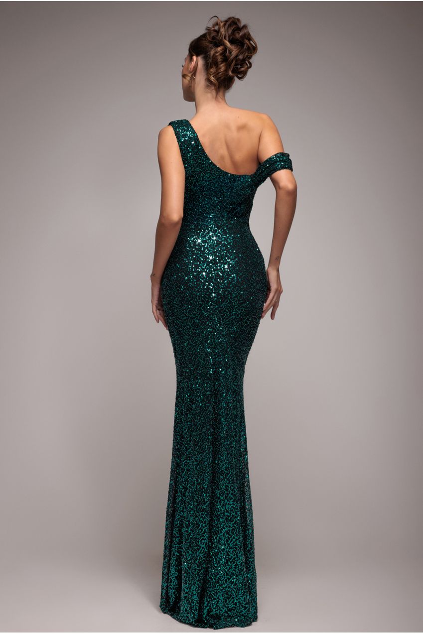 Goddiva Sequin Cowl One Shoulder Maxi Dress - Emerald Green