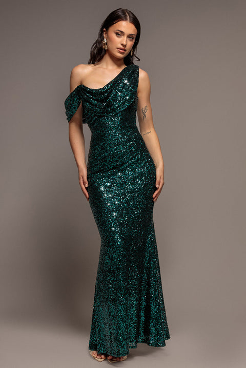 Goddiva Sequin Cowl One Shoulder Maxi Dress - Emerald Green