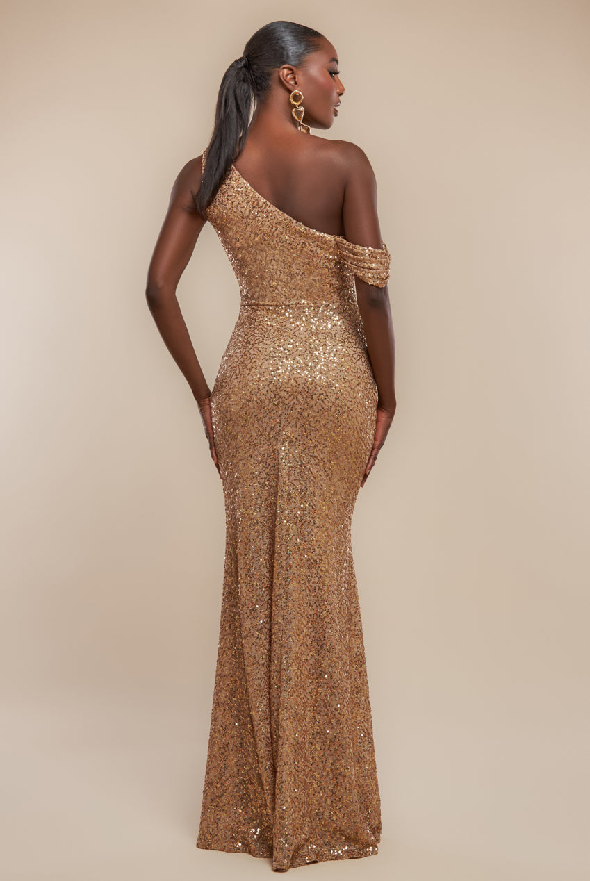 Goddiva Sequin Cowl One Shoulder Maxi Dress - Gold