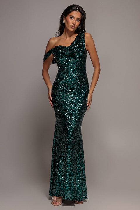 Goddiva Sequin Cowl One Shoulder Maxi Dress - Emerald Green