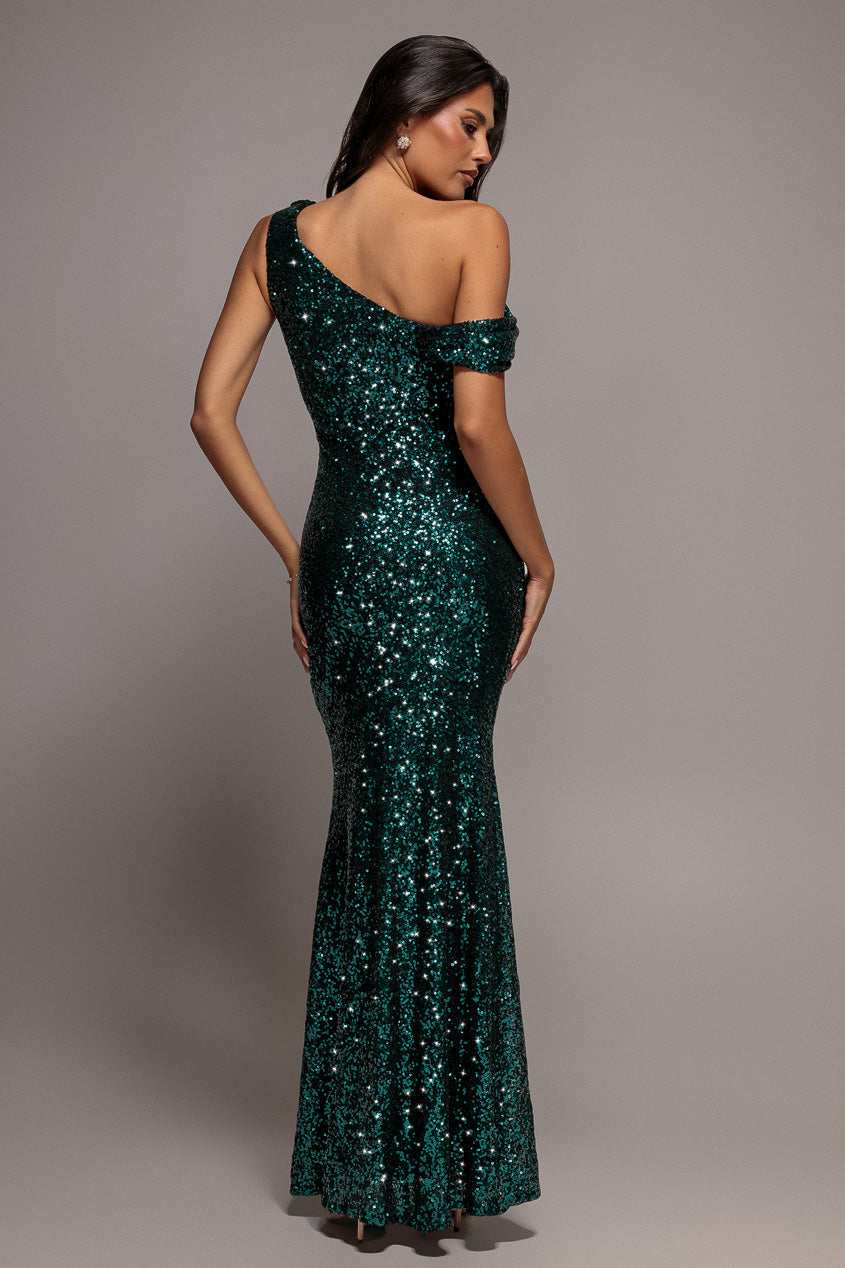 Goddiva Sequin Cowl One Shoulder Maxi Dress - Emerald Green