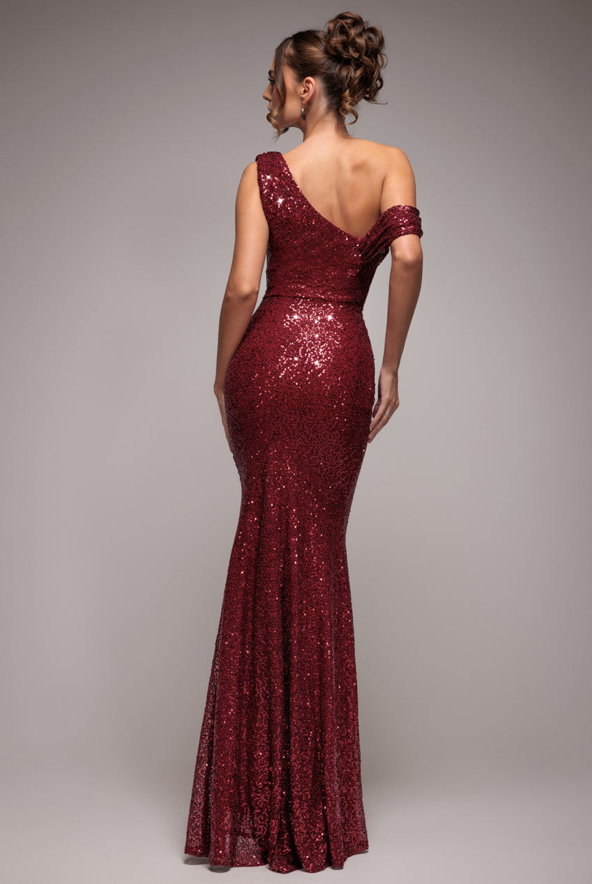Goddiva Sequin Cowl One Shoulder Maxi Dress - Wine