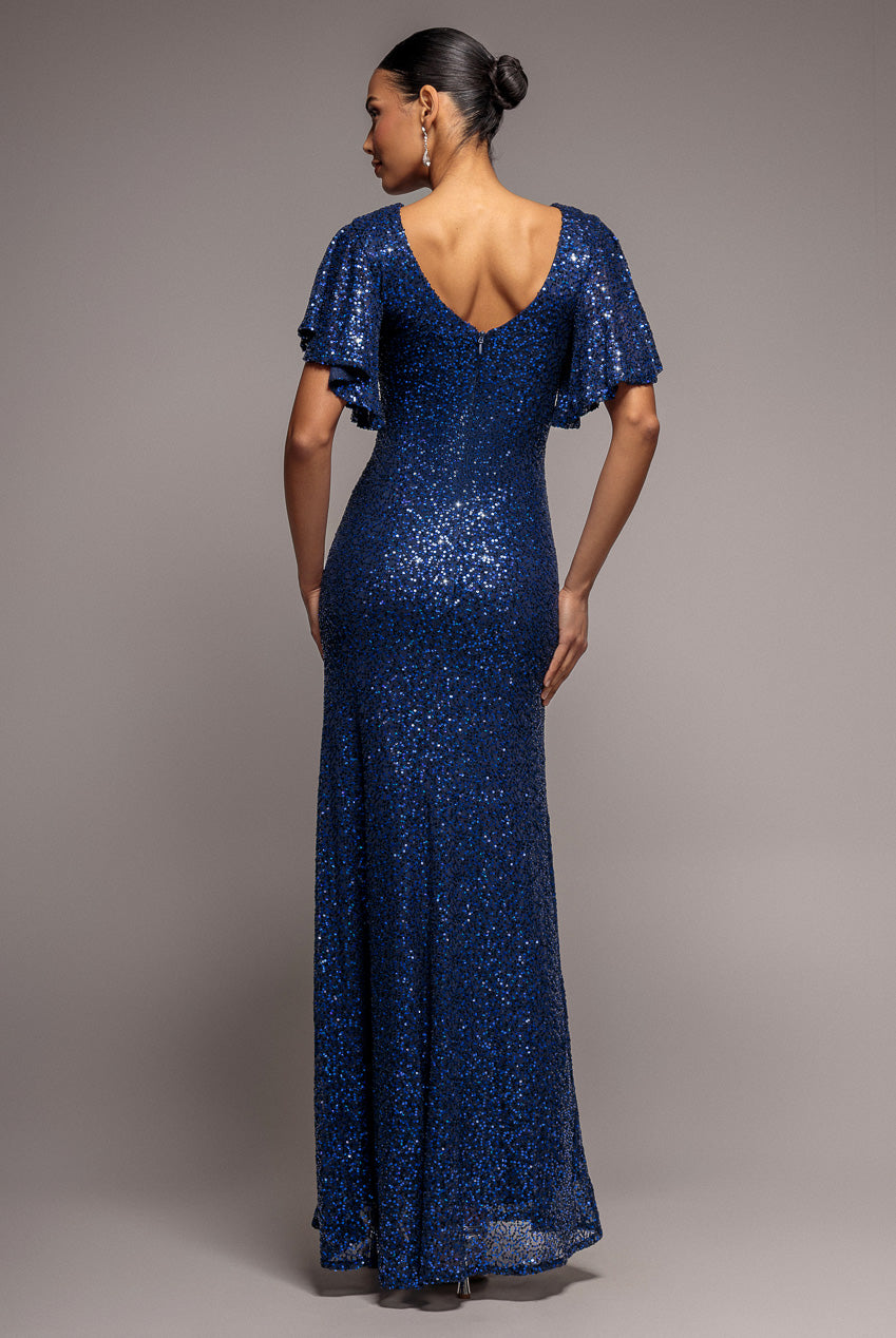 Goddiva Sequin Flutter Sleeve Maxi - Navy