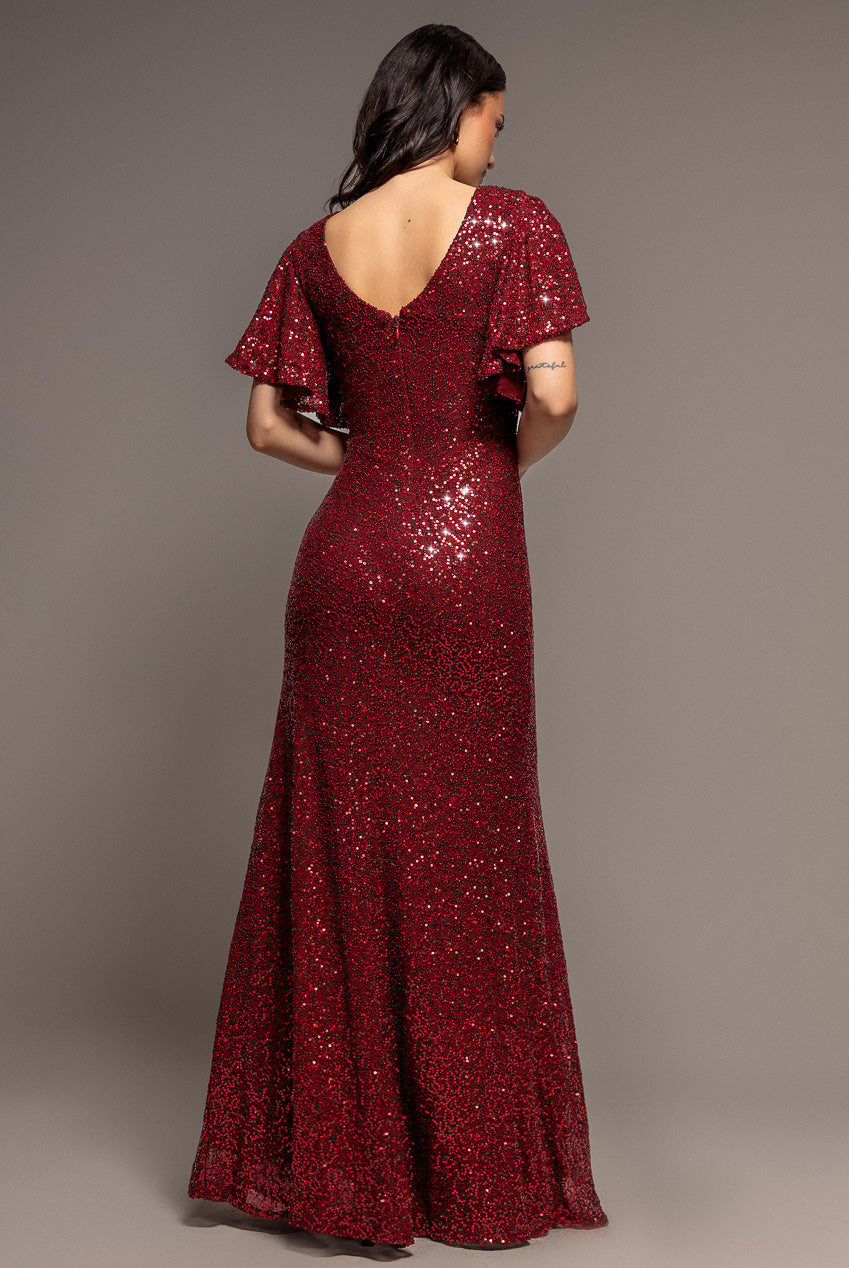 Goddiva Sequin Flutter Sleeve Maxi - Wine