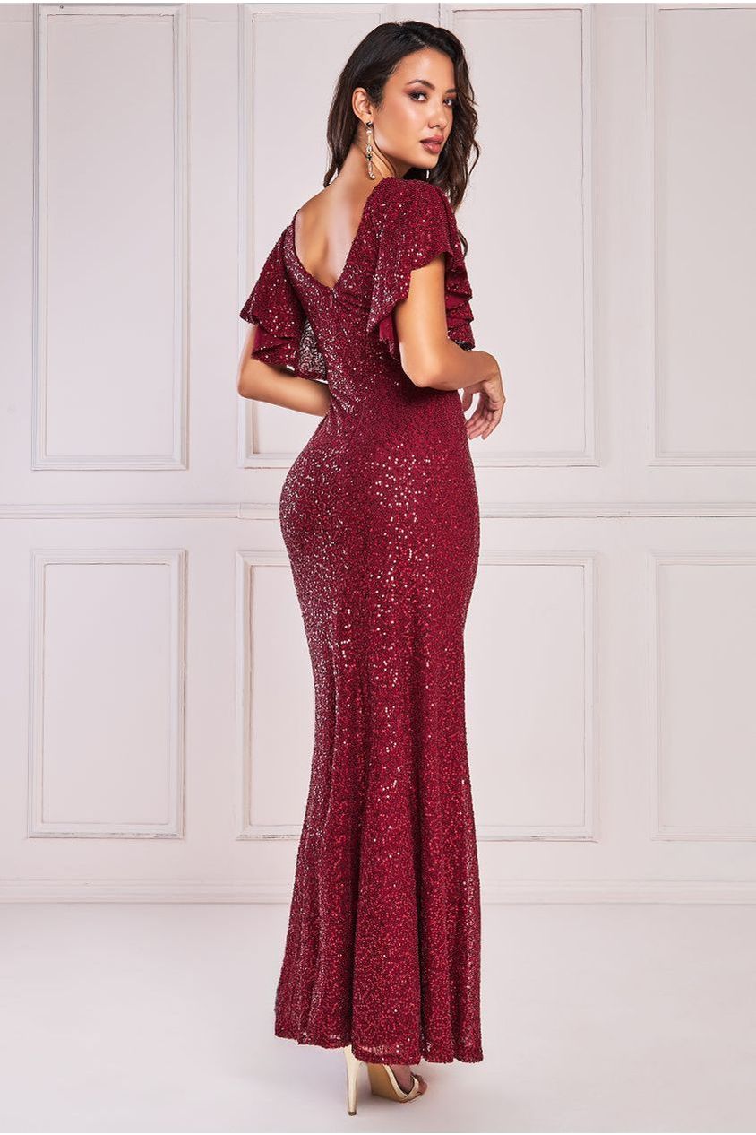 Goddiva Sequin Flutter Sleeve Maxi - Wine