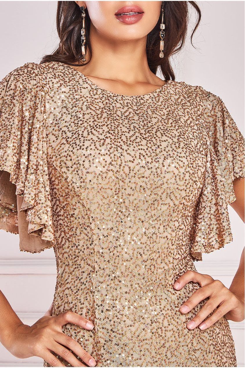 Goddiva Sequin Flutter Sleeve Maxi - Gold