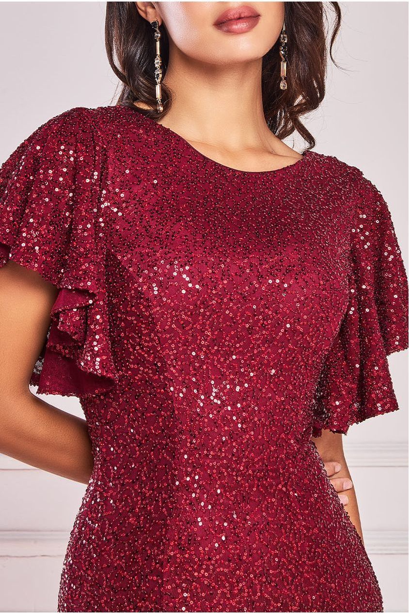 Goddiva Sequin Flutter Sleeve Maxi - Wine