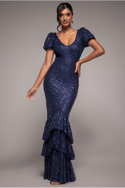 Navy - Goddiva Puff Sleeve Tiered Hem Maxi Dress - Navy