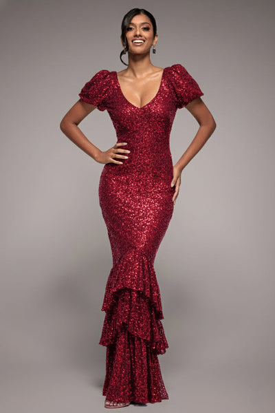Goddiva Puff Sleeve Tiered Hem Maxi Dress - Wine