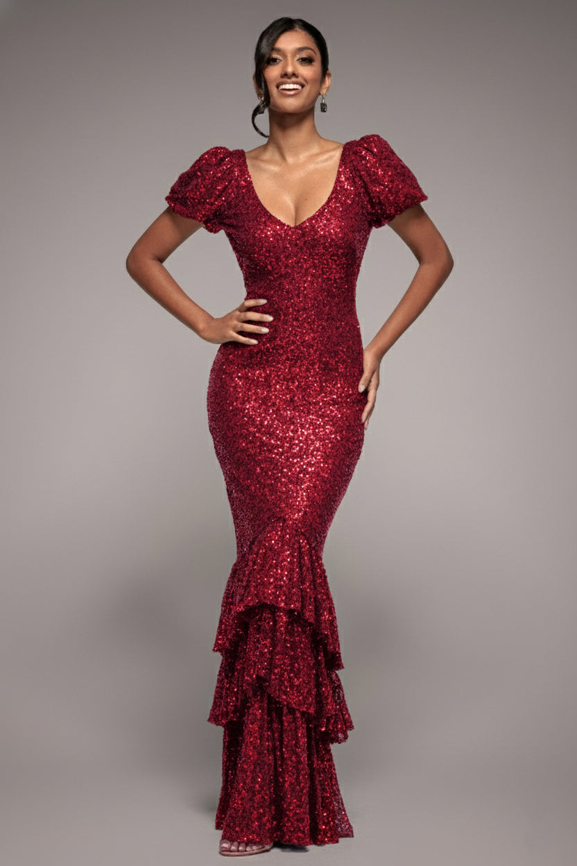 Goddiva Puff Sleeve Tiered Hem Maxi Dress - Wine