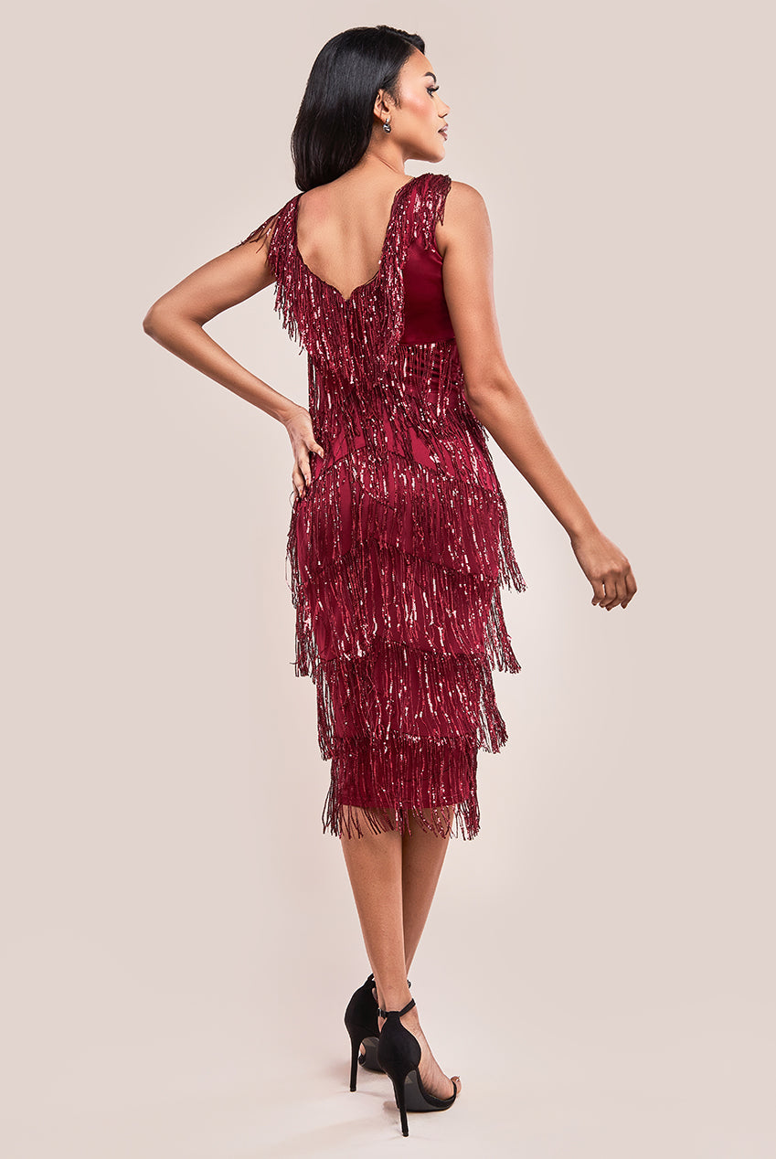 Goddiva Sequin Tassel Flapper Midi Dress - Wine