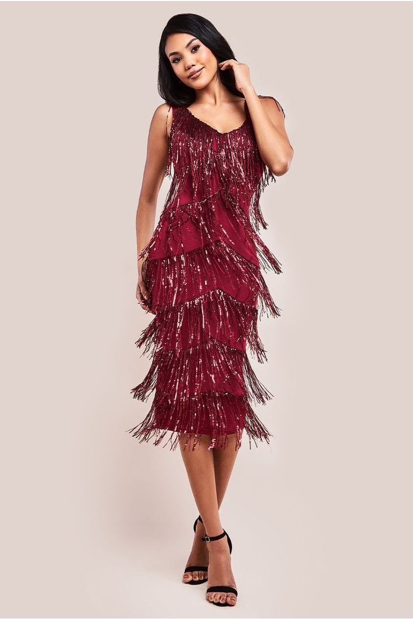 Goddiva Sequin Tassel Flapper Midi Dress - Wine