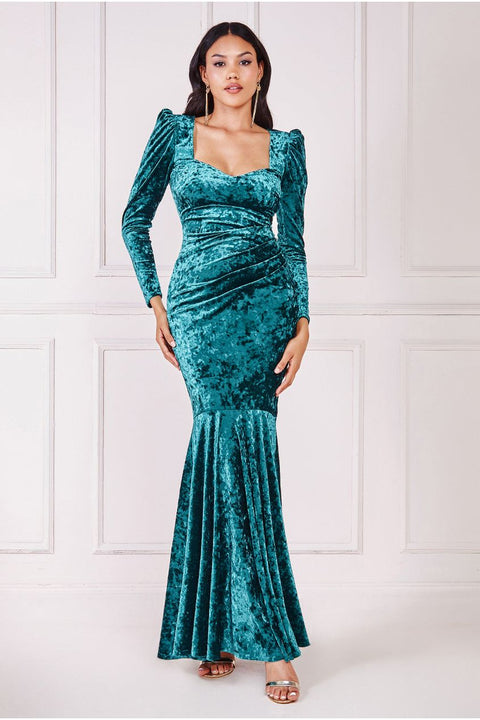 Goddiva Flared Hem Ice Velvet Maxi - Emerald Green