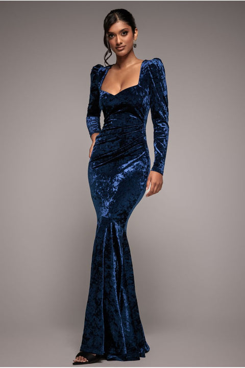 Goddiva Flared Hem Ice Velvet Maxi - Navy