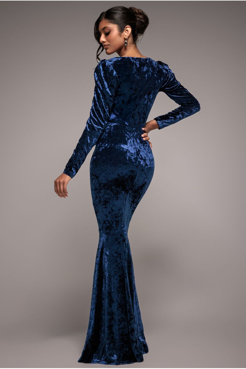 Goddiva Flared Hem Ice Velvet Maxi - Navy