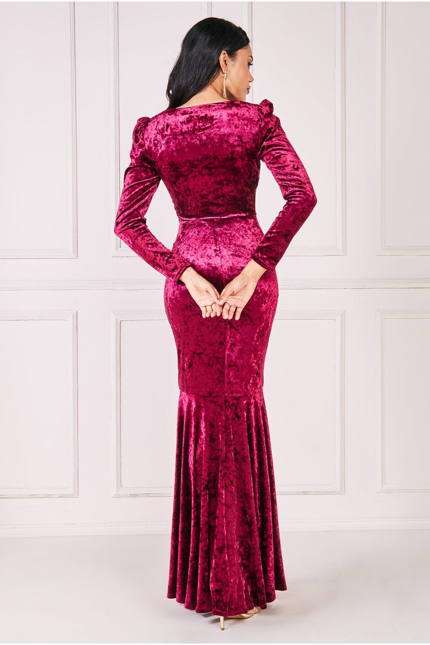 Goddiva Flared Hem Ice Velvet Maxi - Burgundy