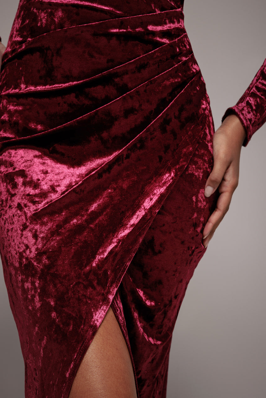Goddiva Flared Hem Ice Velvet Midi  - Burgundy