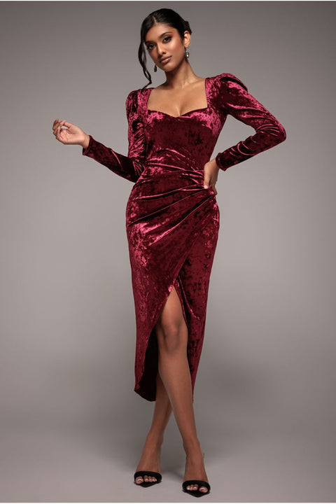 Goddiva Flared Hem Ice Velvet Midi  - Burgundy
