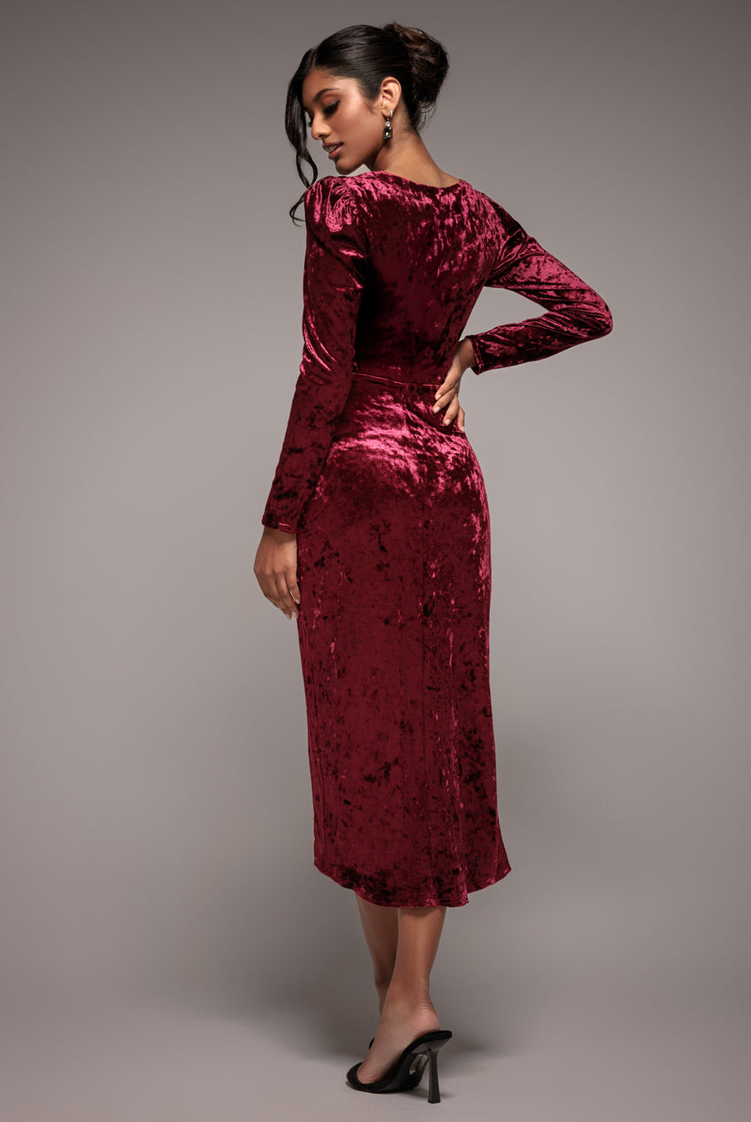 Goddiva Flared Hem Ice Velvet Midi  - Burgundy