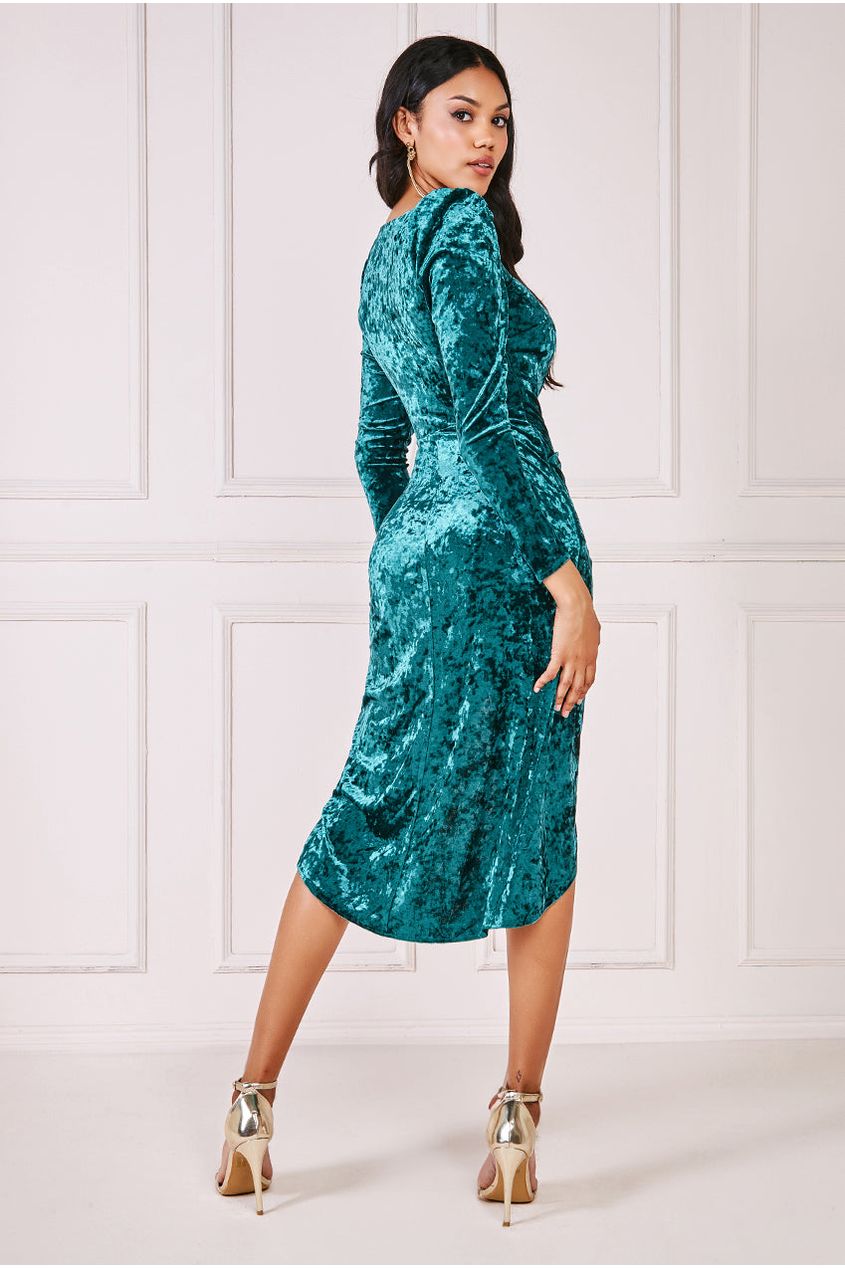 Goddiva Flared Hem Ice Velvet Midi - Emerald Green