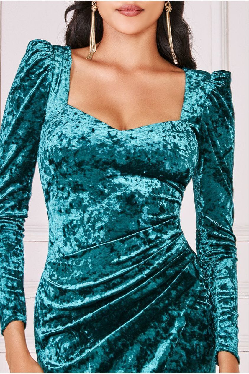 Goddiva Flared Hem Ice Velvet Midi - Emerald Green