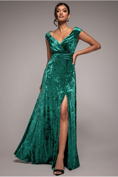 Emerald - Goddiva Ice Velvet Bardot Wrap Maxi - Emerald Green