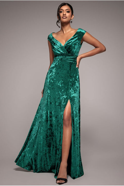 Goddiva Ice Velvet Bardot Wrap Maxi - Emerald Green