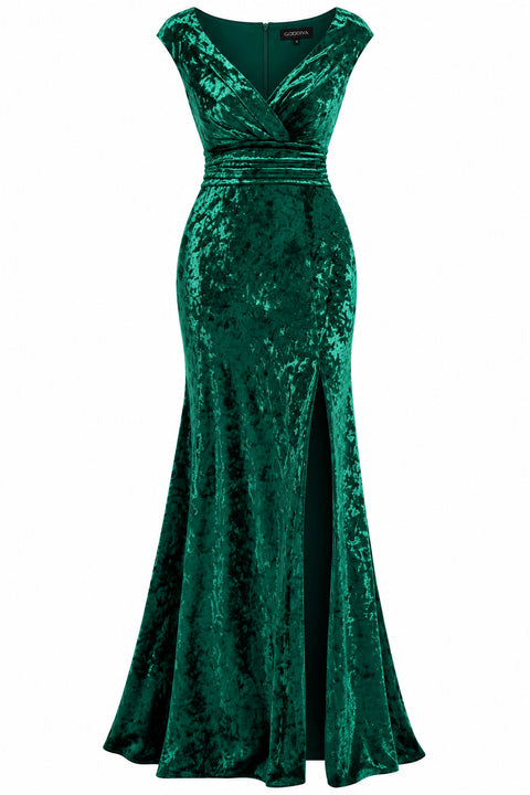 Goddiva Ice Velvet Bardot Wrap Maxi - Emerald Green