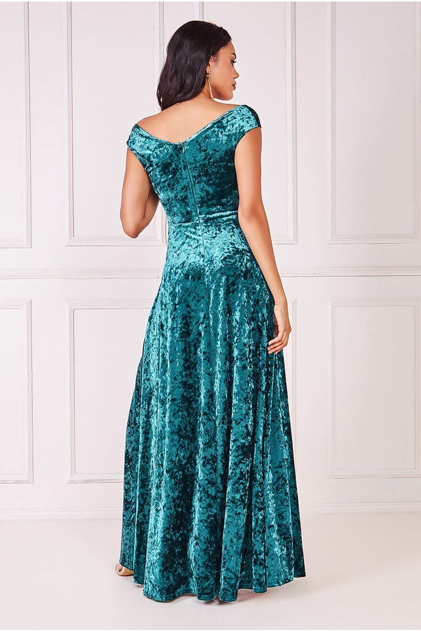 Goddiva Ice Velvet Bardot Wrap Maxi - Emerald Green