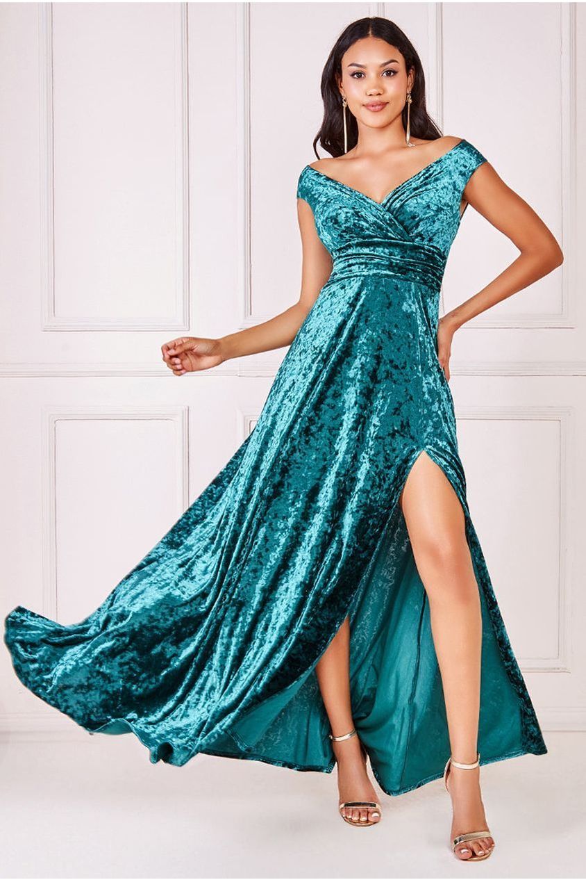 Goddiva Ice Velvet Bardot Wrap Maxi - Emerald Green