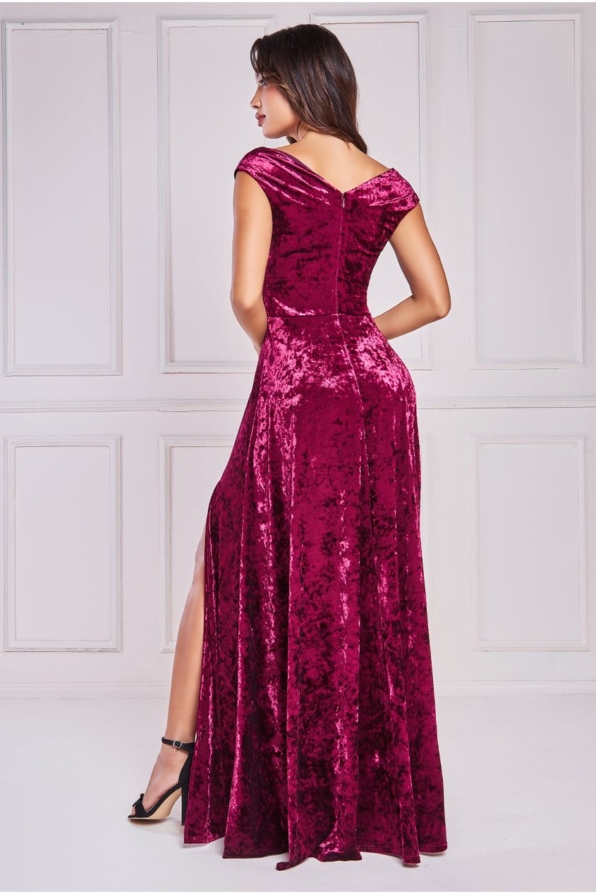 Goddiva Ice Velvet Bardot Wrap Maxi - Burgundy