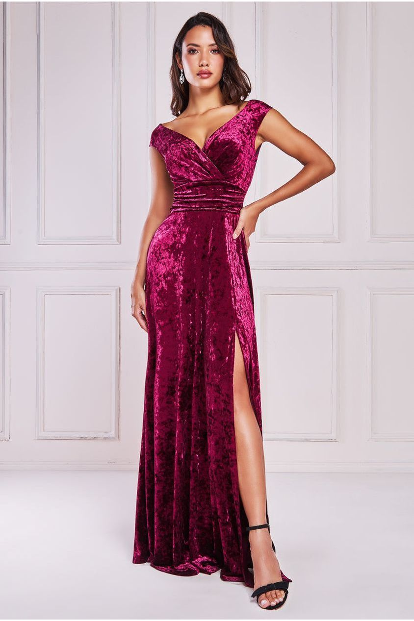 Goddiva Ice Velvet Bardot Wrap Maxi - Burgundy