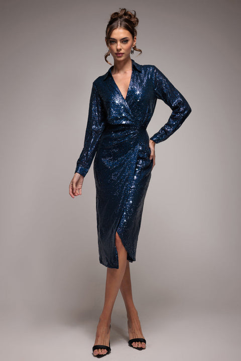 Goddiva Sequin Front Split Shirt Dress - Navy