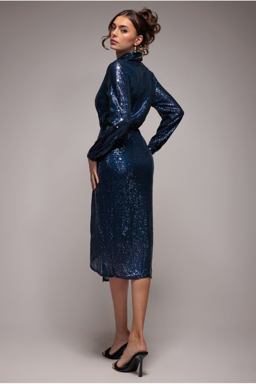 Goddiva Sequin Front Split Shirt Dress - Navy