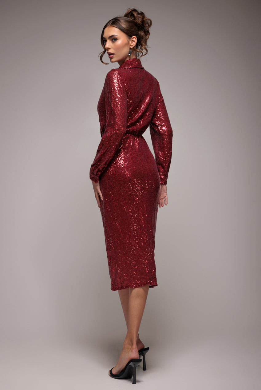 Goddiva Sequin Front Split Shirt Dress - Wine