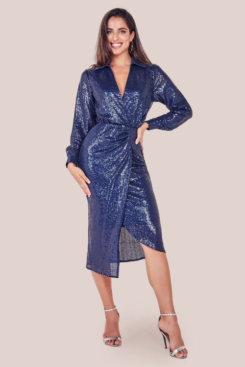 Goddiva Sequin Front Split Shirt Dress - Navy